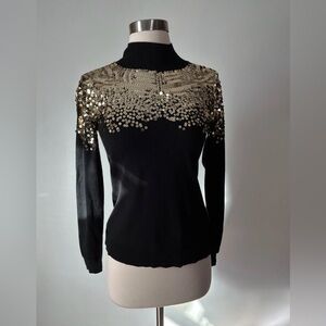 Boston Proper Black Mock Neck Sweater with Gold Sequin Detail Size XS